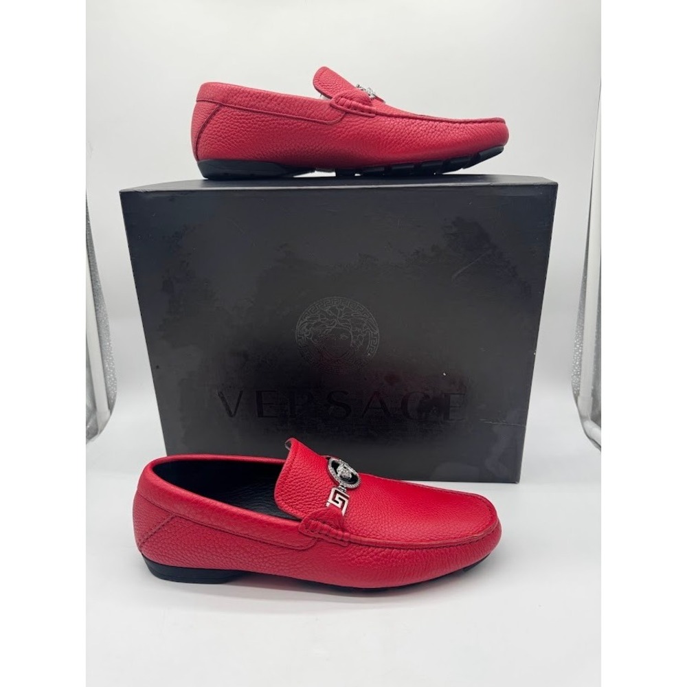 Versace Medusa Head Red Pebbled Leather Driving Loafers DSU4669 Mens 39.5